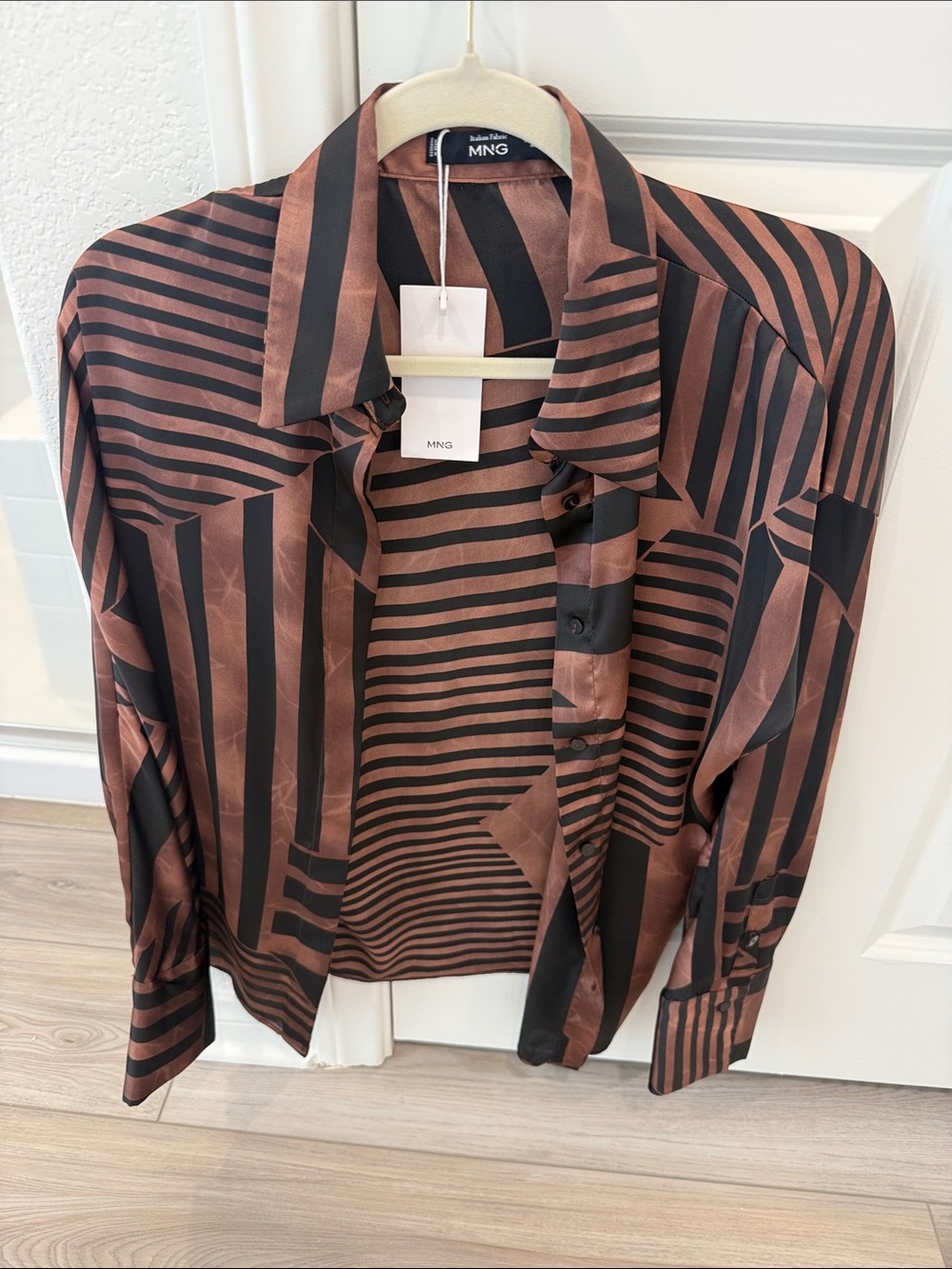 Mango Men’s Brown & Black Geometric Stripe Satin Shirt